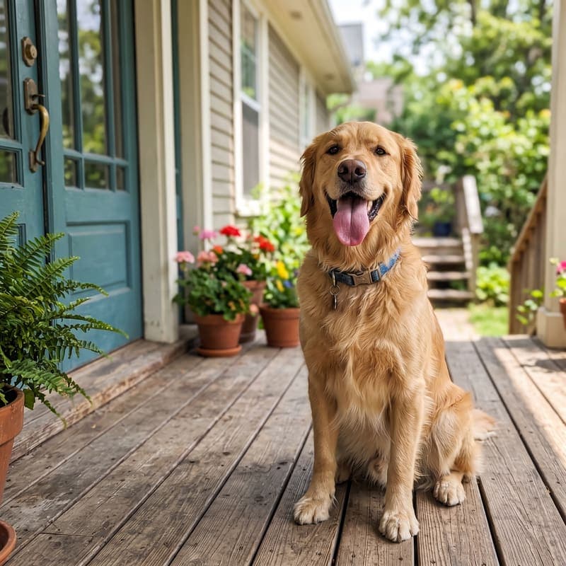 Banjo, a golden retriever, smiling on a front porch