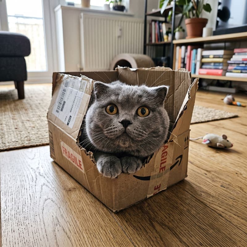 Biscuit, a gray cat, peeking out of a cardboard box