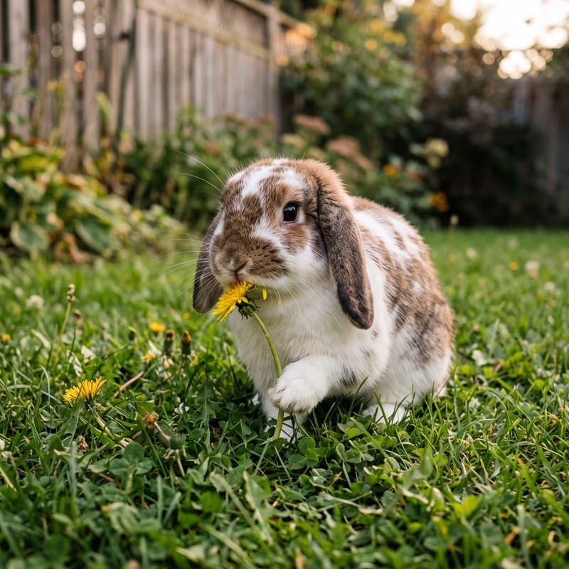 Sir Hops-a-Lot, a lop-eared rabbit, nibbling a dandelion