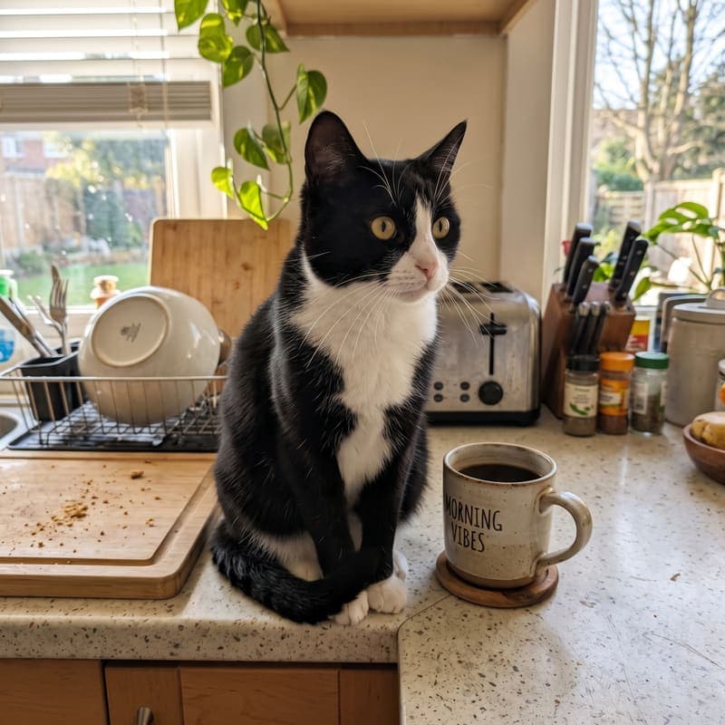 Mr. Business, a tuxedo cat, sitting on a kitchen counter
