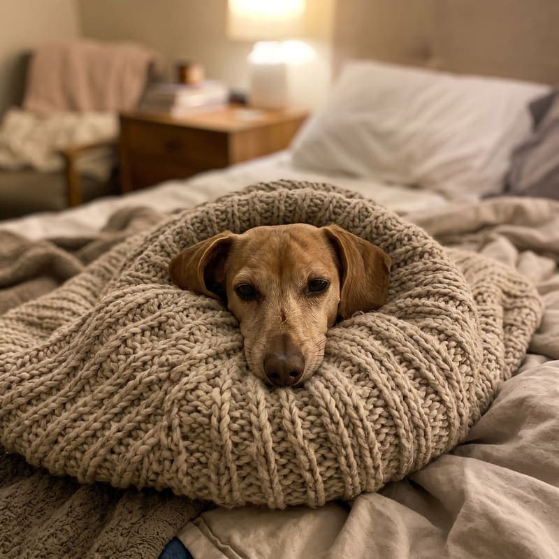 Burrito, a dachshund, wrapped in a blanket