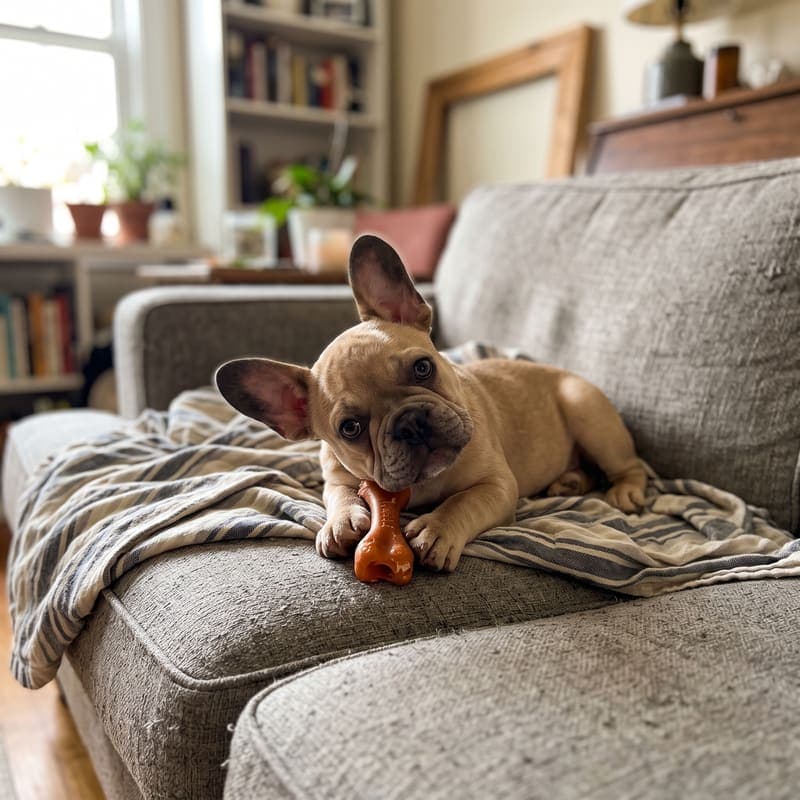 Meatball, a French bulldog puppy, lounging on a couch