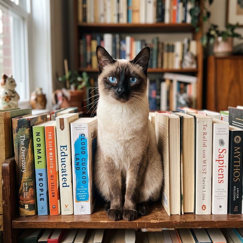 Professor Mittens, a Siamese cat, perched on a bookshelf