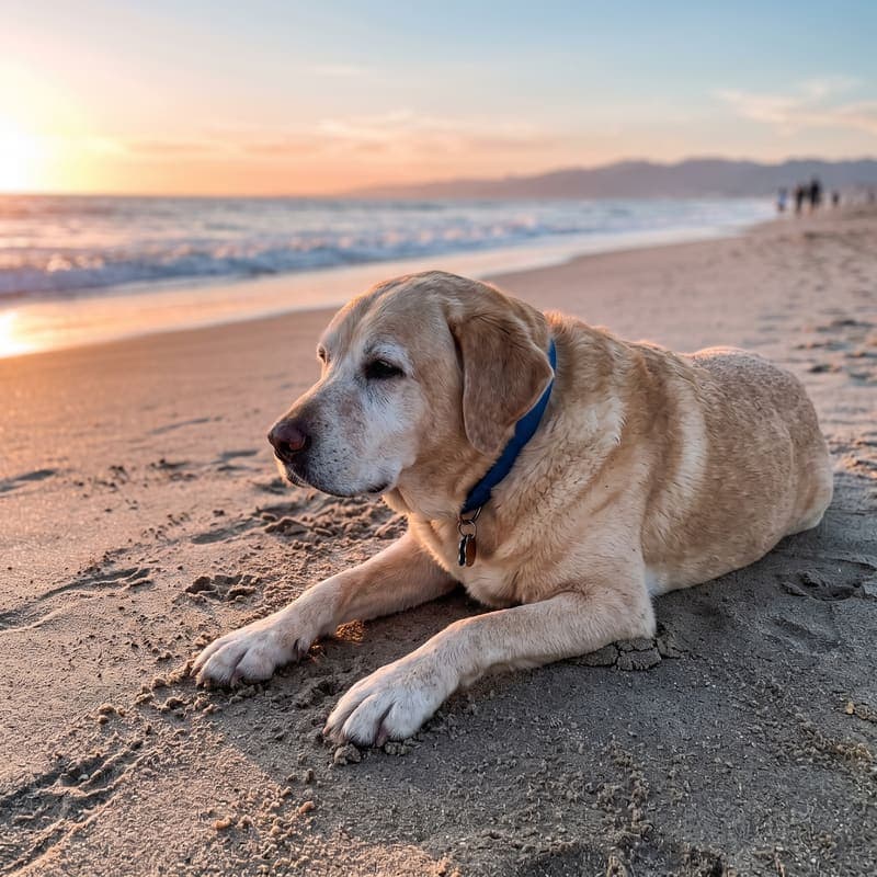 Dolly Barkton, a senior yellow lab, resting on the beach