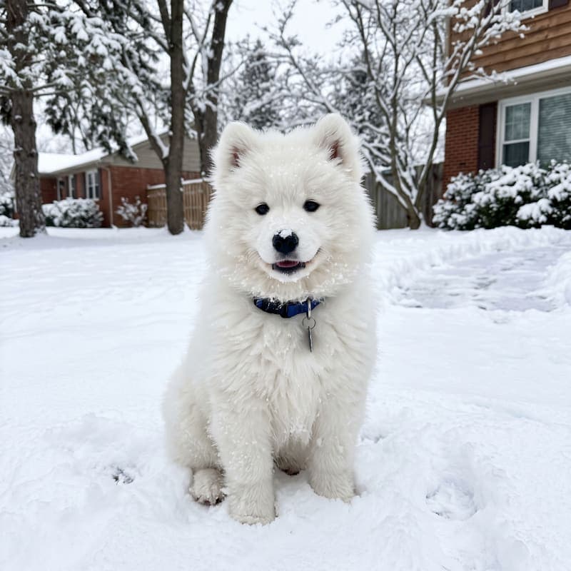 Marshmallow, a Samoyed puppy, sitting in the snow