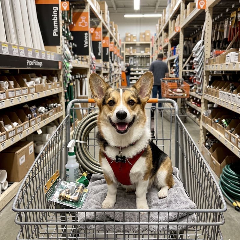 Nugget, a corgi, riding in a shopping cart