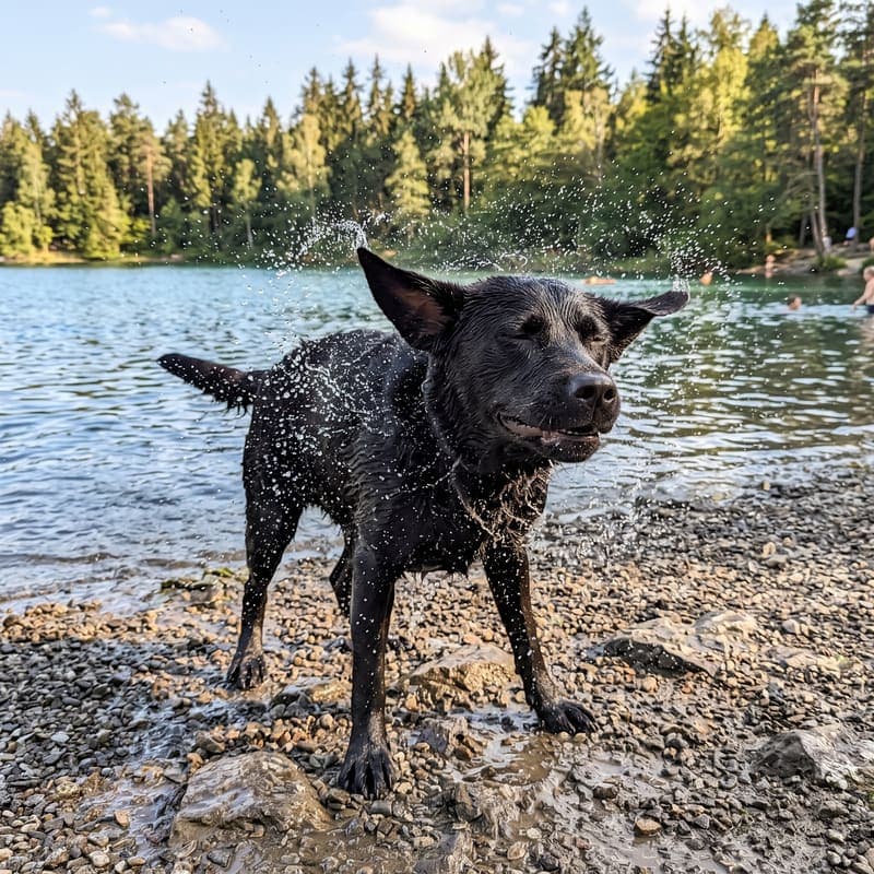 Goose, a black lab, shaking off lake water