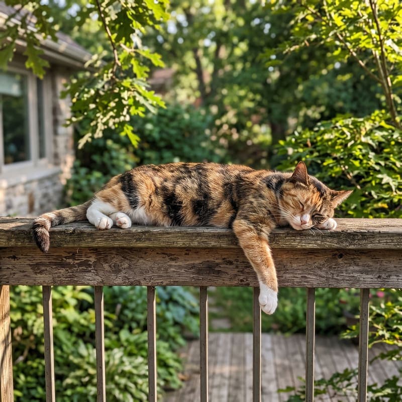 Pancake, a calico cat, stretched out on a porch railing
