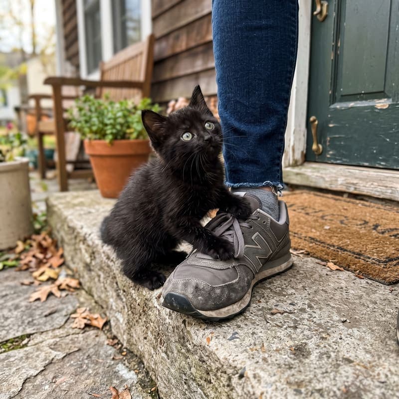 Espresso, a black kitten, climbing onto a sneaker