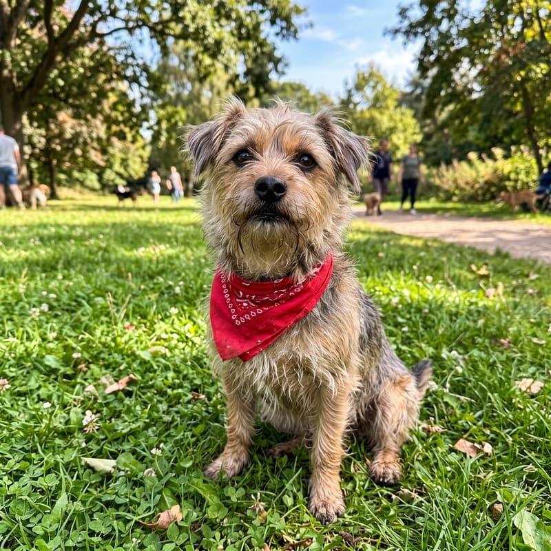 Pickles, a terrier mix in a red bandana, sitting in the grass