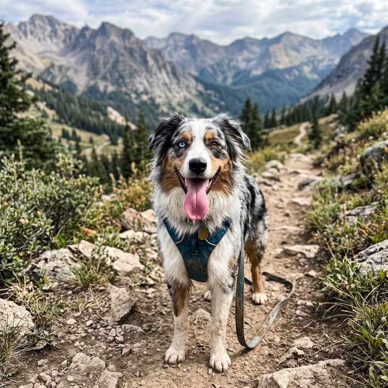 Everest, an Australian shepherd, on a hiking trail