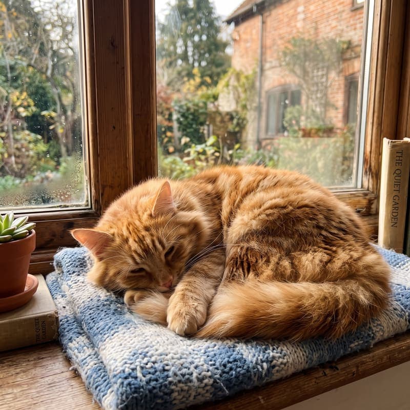 Waffles, an orange tabby cat, napping in a sunbeam
